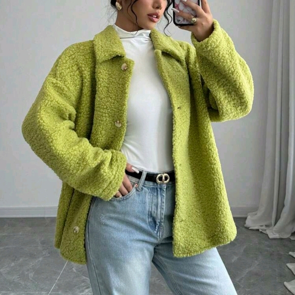 Jackets & Blazers - Solid Color Front Button Long Sleeve Casual Sherpa Collar Jacket Fall/ Winter